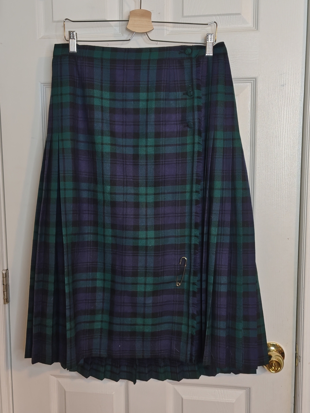 ALJean Vintage 1960s Dark Blue & Green Plaid Tartan Wrap Kilt Midi Skirt Size L